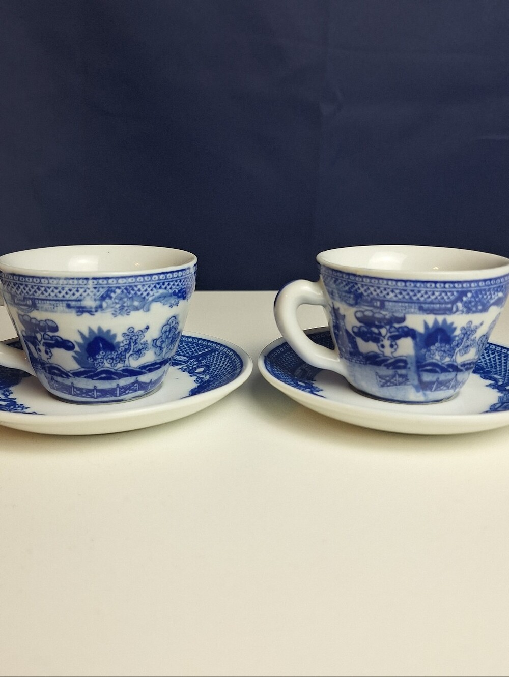 Antique Blue Willow Demitasse Coffee Tea Set Victoria Ironstone 2 Cups & Saucers